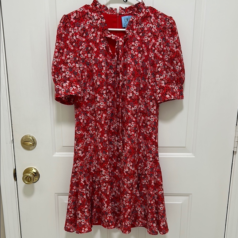 CeCe Red Ruffled Smocked Midi Dress with Puff Sleeves